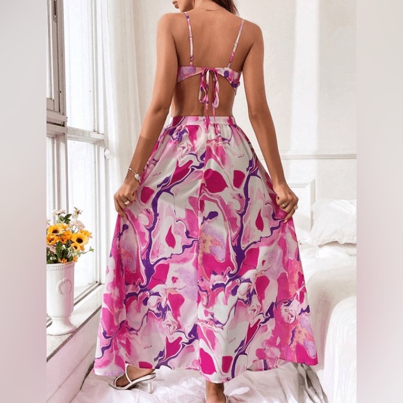 Pink, White & Purple Marble Print Summer Beach Maxi Dress - Picture 2 of 12